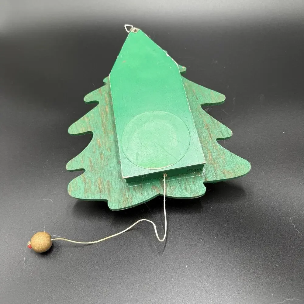 Vintage Japan Wooden Christmas Tree Pull String Animated Toy Santa For Repair